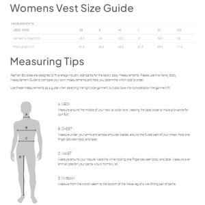 Womens Vest Size Guide